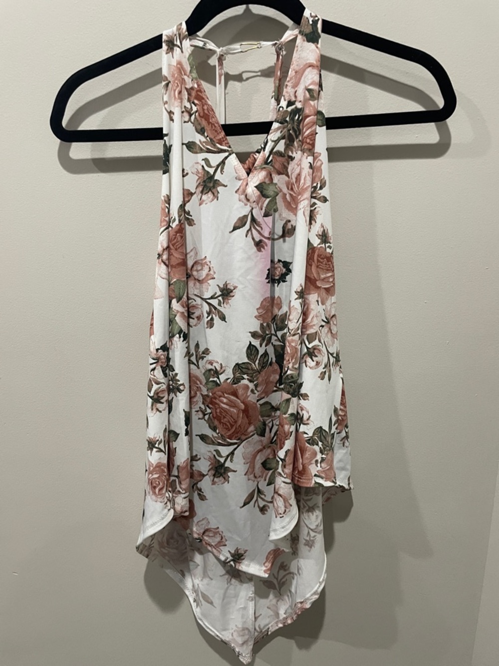 First Love White Floral Halter Tank Top with Pink Roses